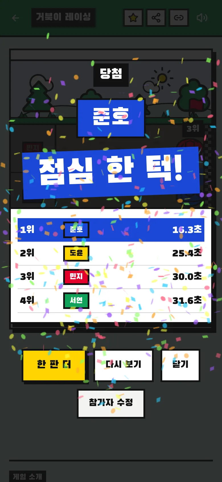 경주가 끝나고 1위부터 4위까지 결승 시간이 적힌 순위표
